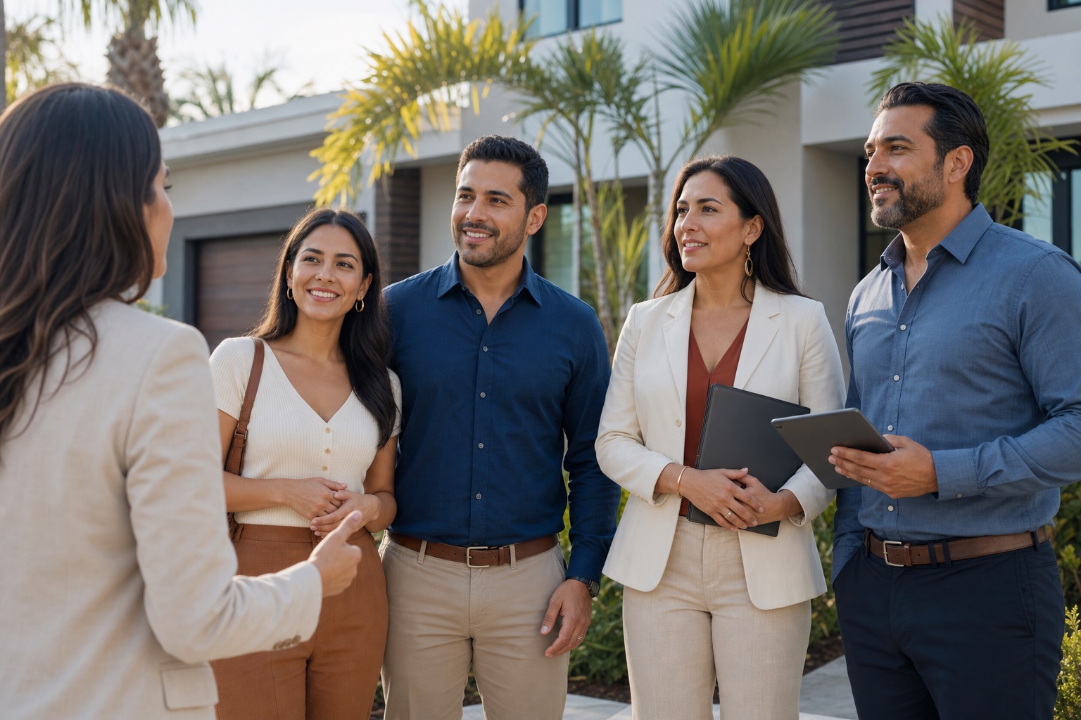 Compradores, inversionista y profesional independiente conversan sobre financiación en Florida